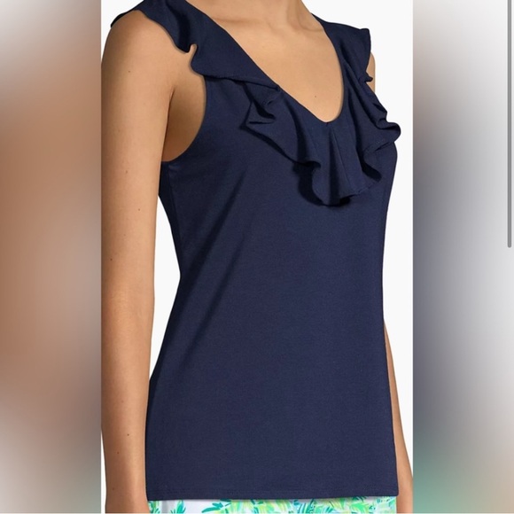 Lilly Pulitzer Aleesa Ruffle True Navy Blue Top Size L - Picture 2 of 8
